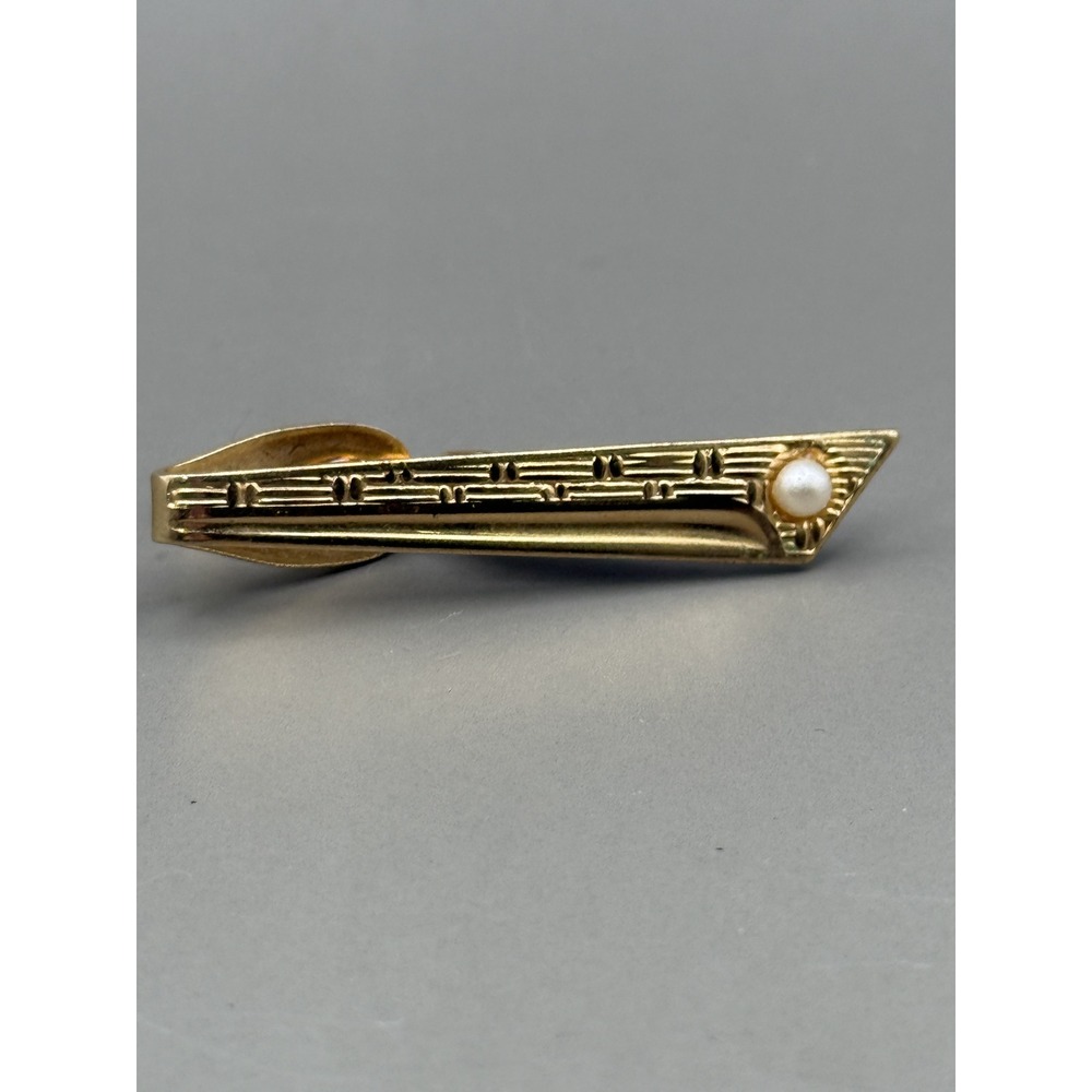 Gold Tone Tie Bar Clip Faux Pearl Etched Line Pattern Men Accessory 1.75 Inch